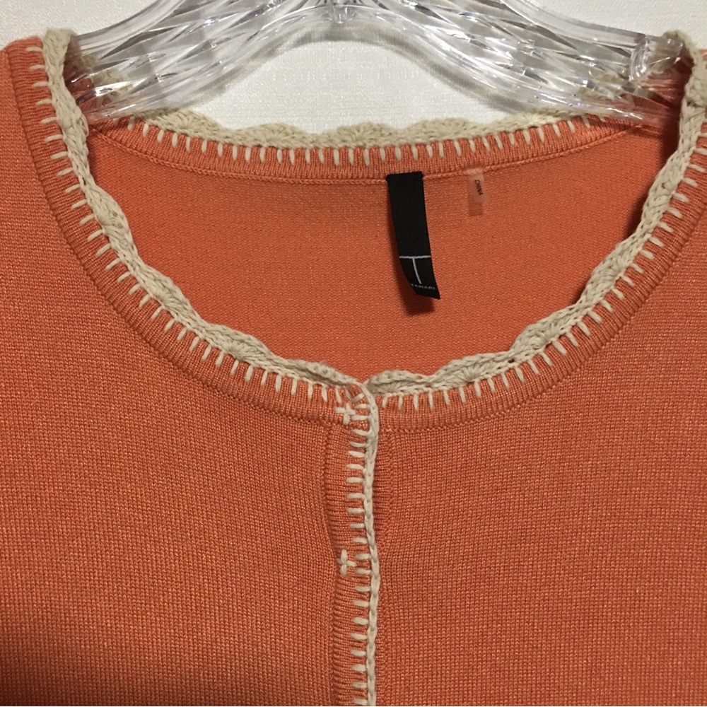 T Tahari Peach Cardigan Fairy Sweater Snaps Up Cream Crocheted Trim Wide Ribbi View 4